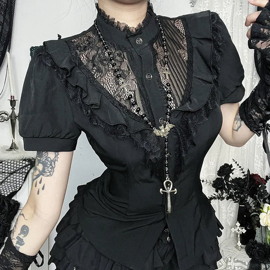 Gothic Victorian Goth Lace Patchwork Hollow Out Short Sleeve Blouse Top