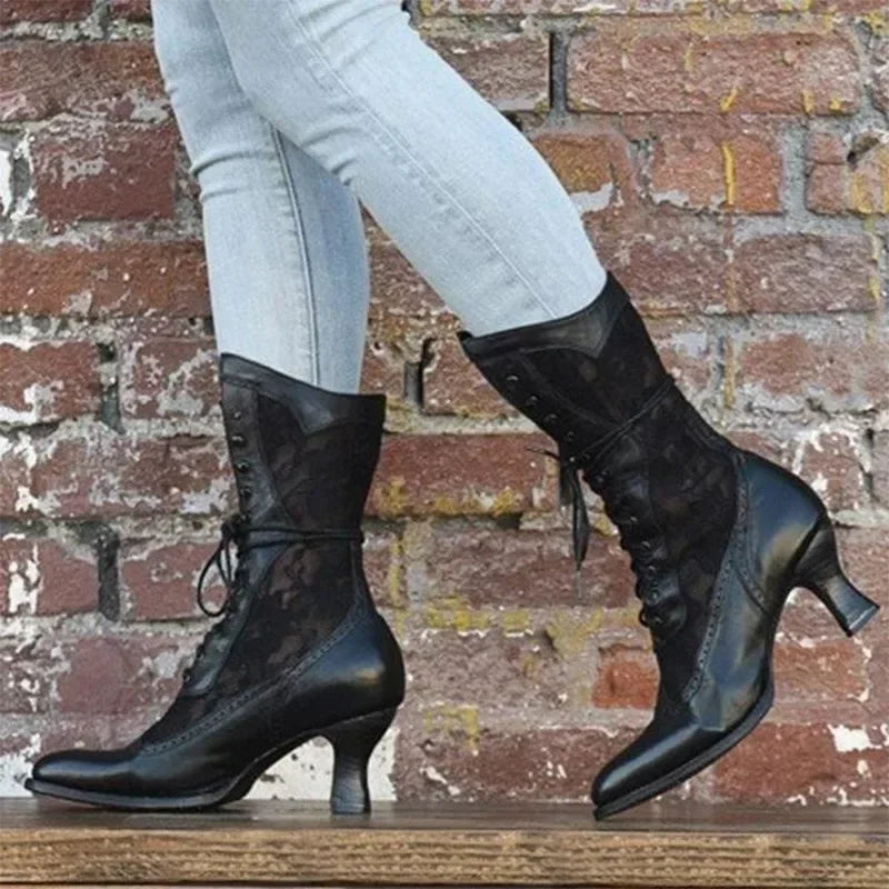 Gothic Victorian Pointed Toe Lace Up Mid-Calf Boots