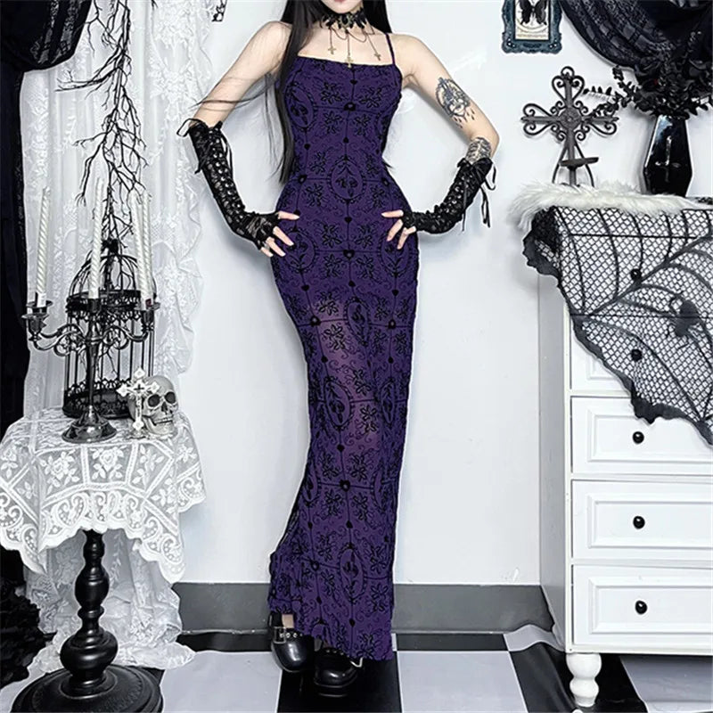 Gothic Alt Y2K Purple Sling Strap Sheer Maxi Dress