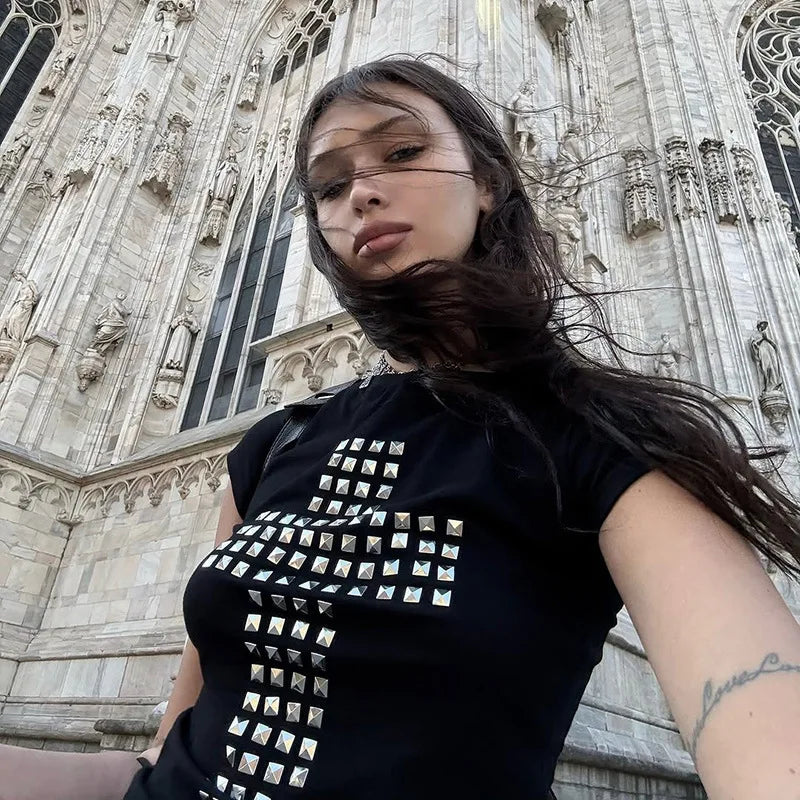 Gothic Alt Goth Y2k Cross Studs Short Sleeve Shirt Top
