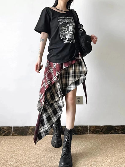 Gothic Grunge Plaid Irregular Hem Skirt