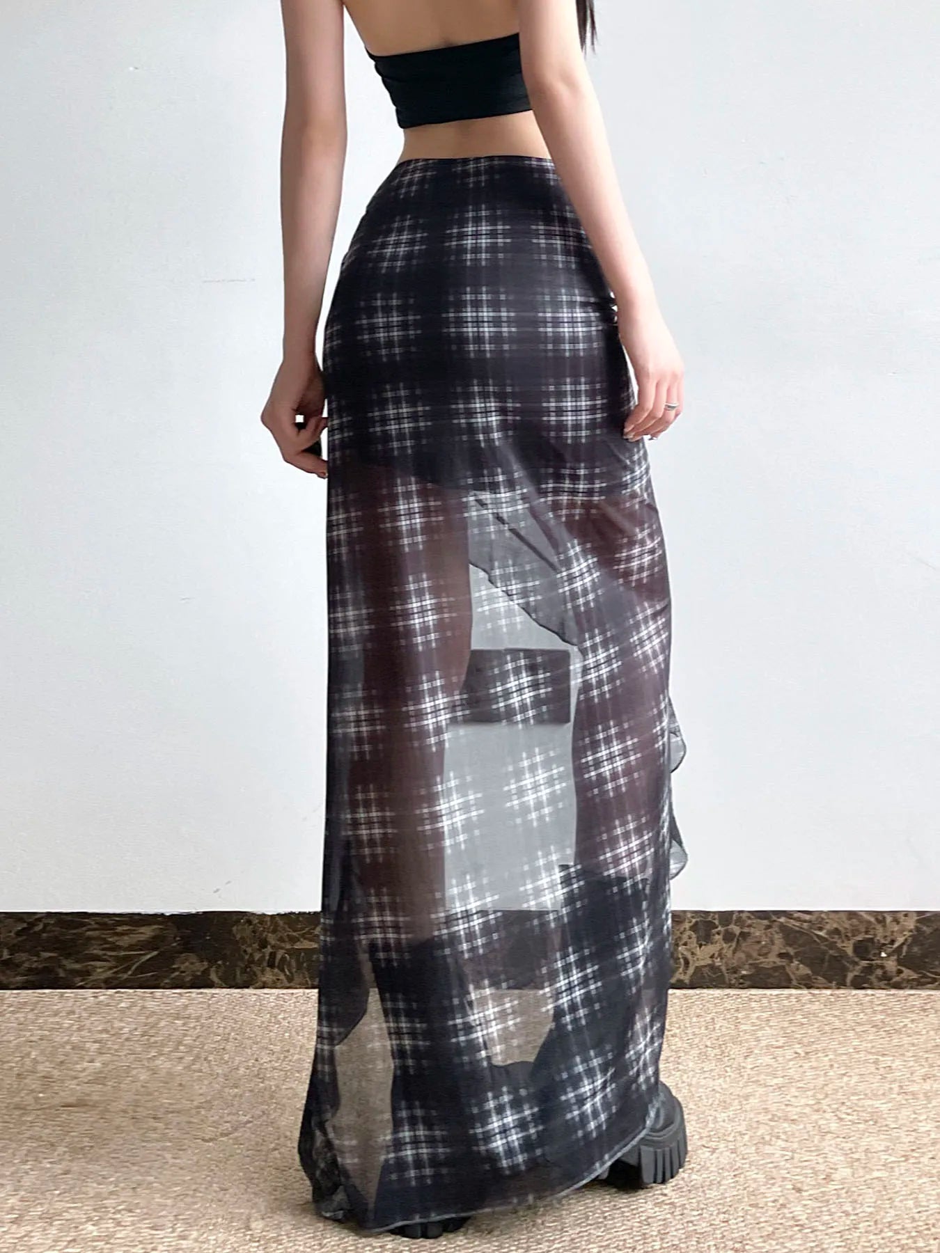 Alt Gothic Y2K Plaid Ruffles See Through Slit Skirt