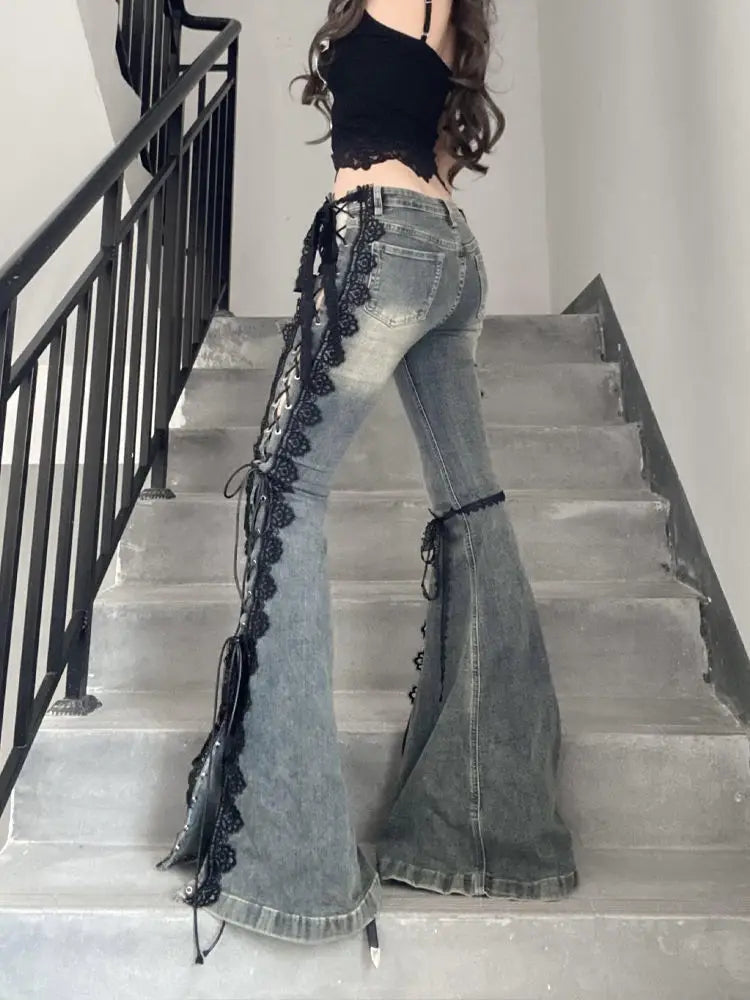 Gothic Y2K Alt Goth Eyelet Lace Up Bell Bottom Flare Jeans Pants
