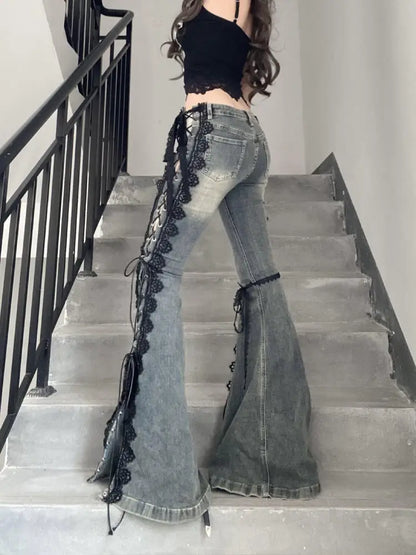 Gothic Y2K Alt Goth Eyelet Lace Up Bell Bottom Flare Jeans Pants