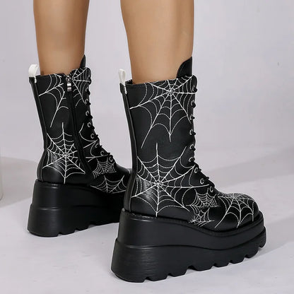 Gothic Alt Goth Halloween Spider Web Chunky Platform Mid Calf Boots