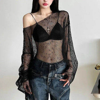 Gothic Y2K Alt Fishnet Mesh See Through Long Sleeves Top