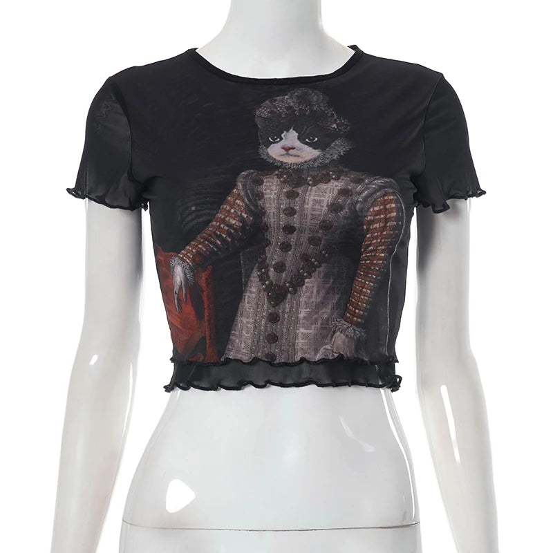 Gothic Y2K Vintage Cat Print Mesh See Through Shirt Top