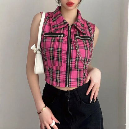 Gothic Grunge Alt Goth Punk Zipper Chain Plaid Vest Top (available in 2 colors)