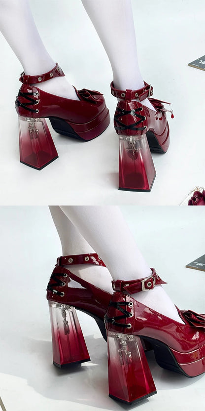 Gothic Japanese Lolita Harajuku Y2K Bow Transparent Platform High Heels Baby Doll Shoes (available in 3 colors)