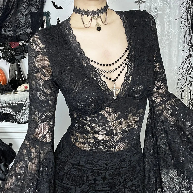 Gothic Vampire V-Neck Chain Beads Lace Bell Sleeves  Top