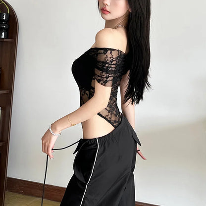 Gothic Alt Goth Off Shoulder Lace Mesh Bodysuit Top