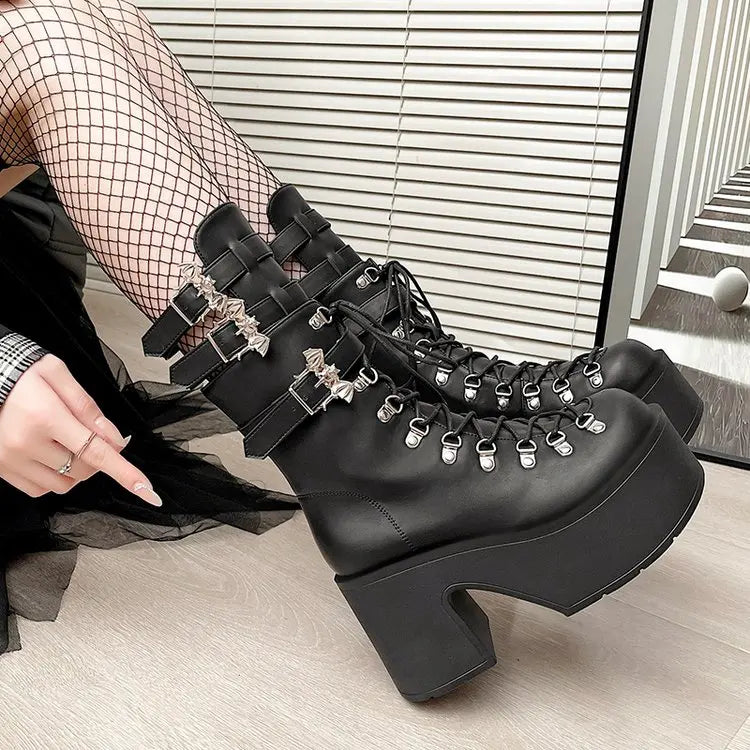 Gothic Alt Goth Bat Wings Double Buckle Lace Up Platform Boots