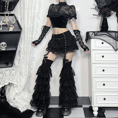 Gothic Alt Grommet Straps Ruffle Lace Mini Skirt