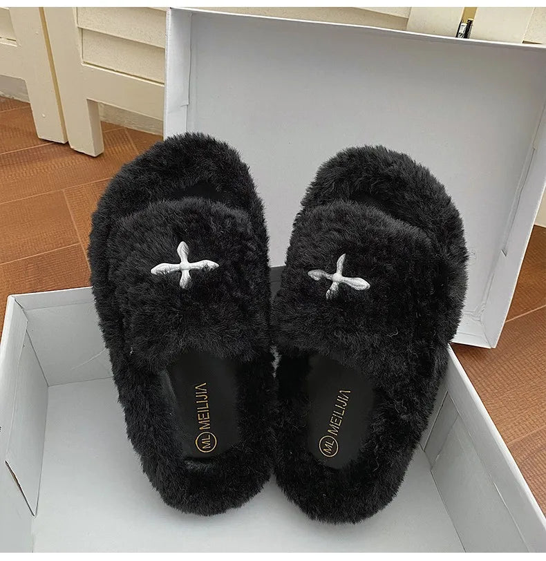 Y2K Cybergoth Faux Fur Slip On Furry Slides Slippers