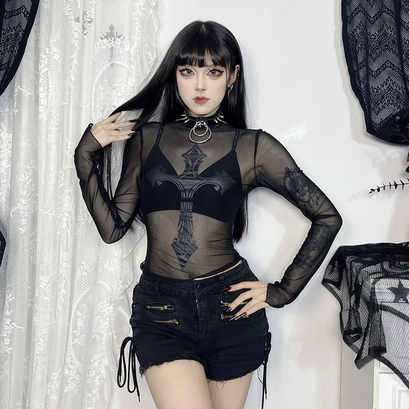 Gothic Alt Goth Cross Mesh Top