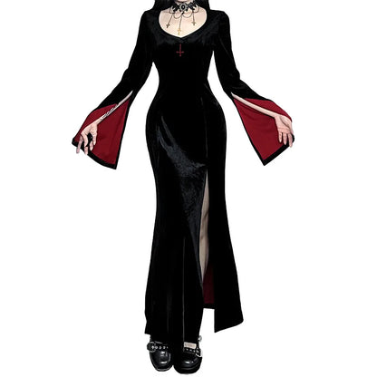 Gothic Alt Vampire Goth Open Bell Sleeves High Slit Long Dress