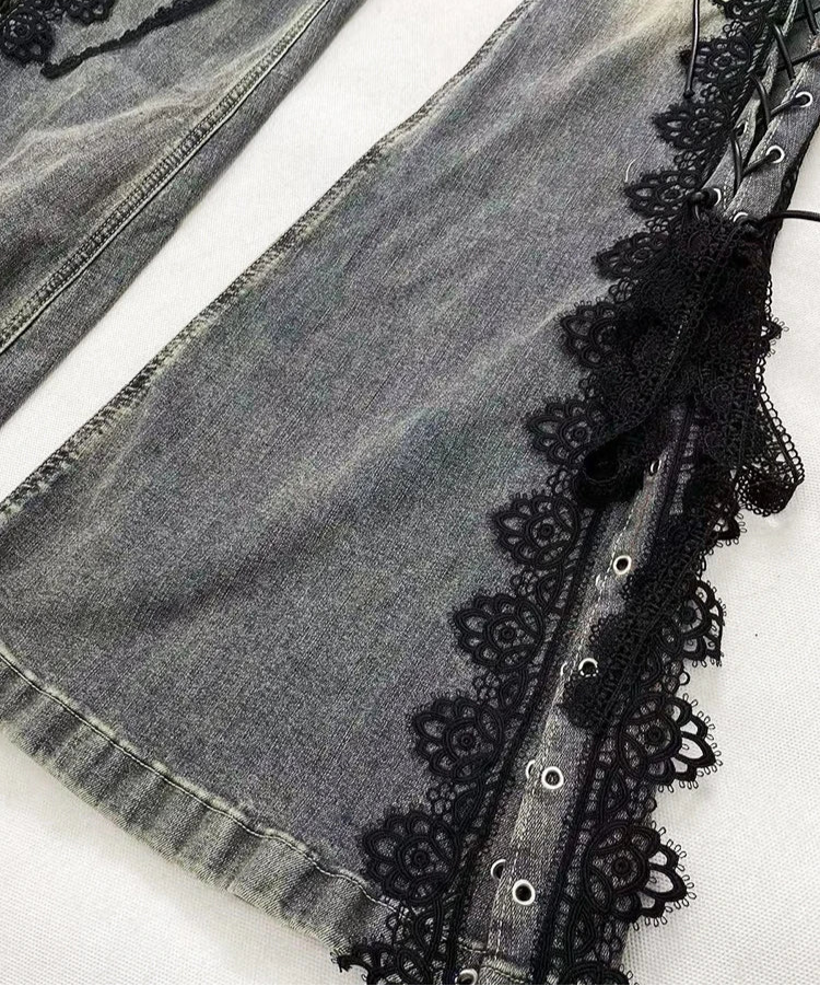 Gothic Y2K Alt Goth Eyelet Lace Up Bell Bottom Flare Jeans Pants