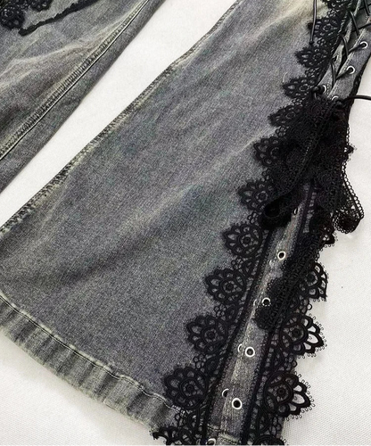 Gothic Y2K Alt Goth Eyelet Lace Up Bell Bottom Flare Jeans Pants