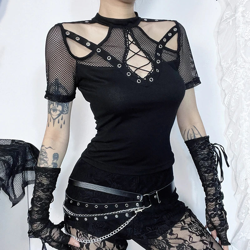 Gothic Fishnet Grommet Cut Out Short Sleeve Top