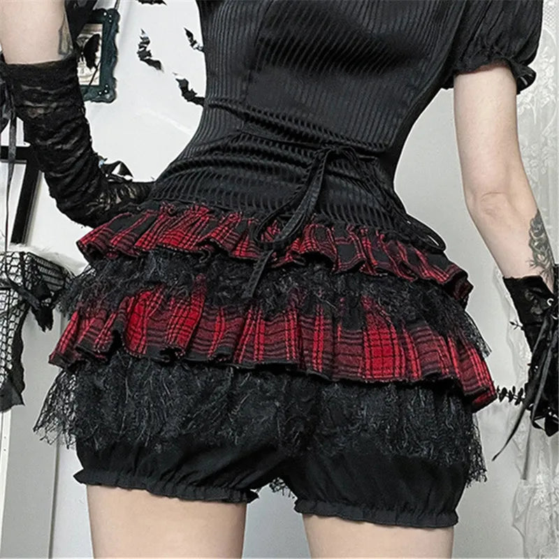 Gothic Harajuku Red Plaid Black Lace Patchwork Bloomers Shorts