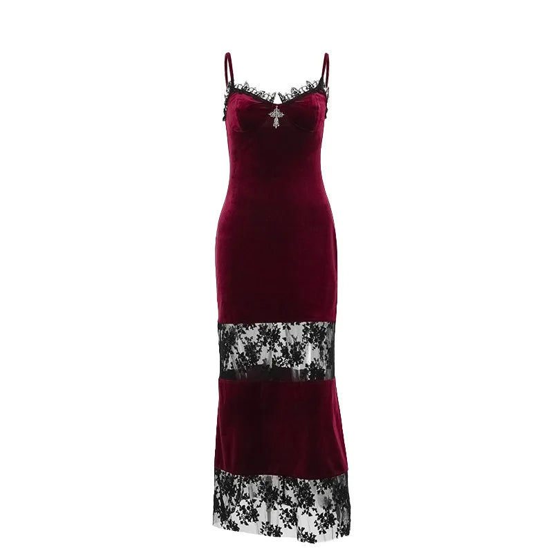 Gothic Red Burgundy Velvet Lace Spaghetti Strap Bodycon Alt Goth Long Dress