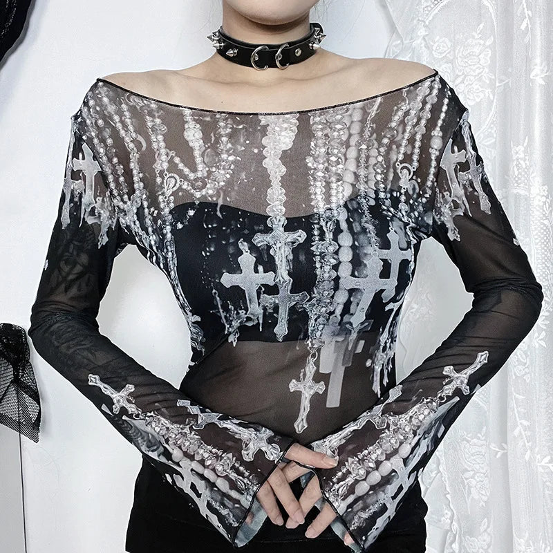 Gothic Cross Print Off Shoulder Mesh Long Sleeve Top