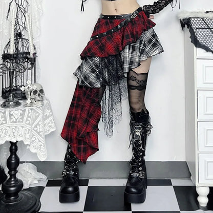 Alt Gothic Grunge Irregular Hem Layered Plaid Mini Skirt