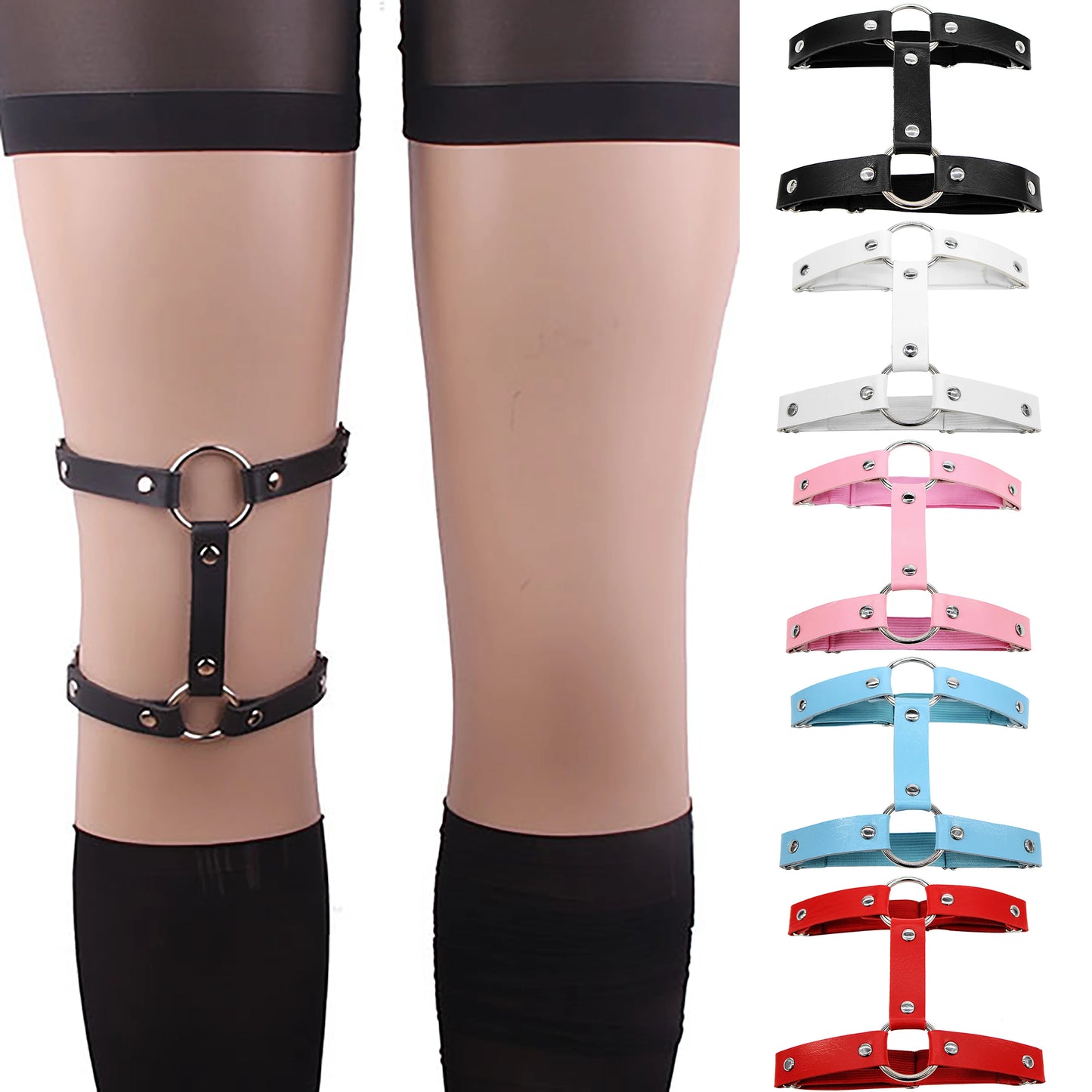 Gothic Alt Goth Faux Leather O-Ring Double Strap Leg Harness (available in 5 colors)