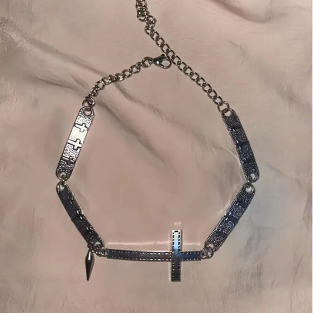 Gothic Y2K Silver Color Spliced Cross Choker Necklace