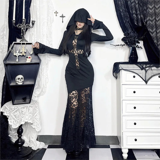 Gothic Alt Cross Hollow Out Lace Hooded Bodycon Long Dress