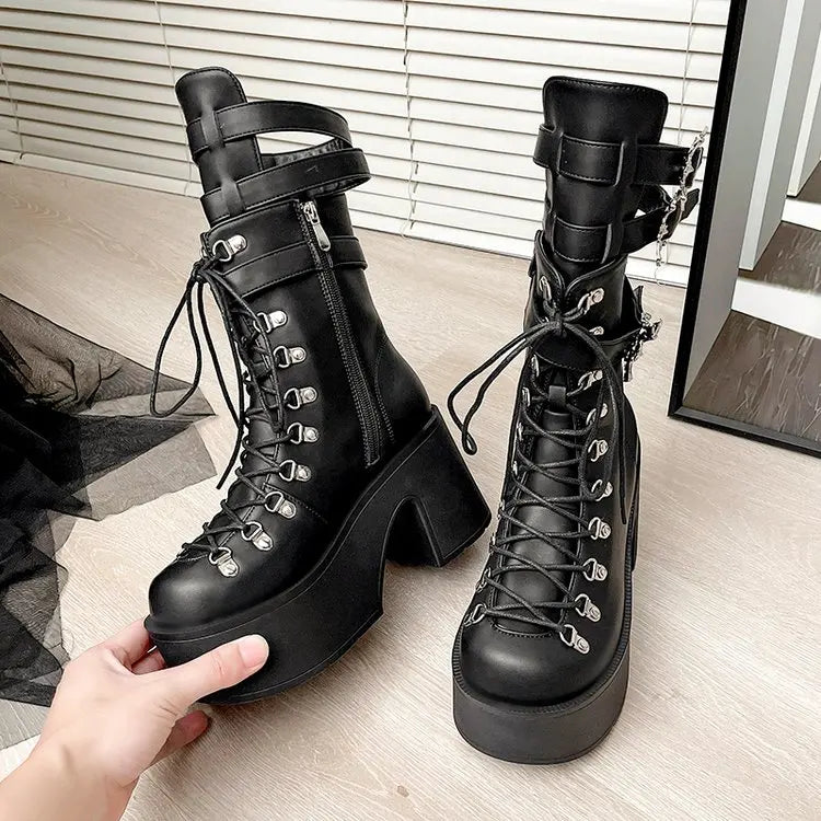 Gothic Alt Goth Bat Wings Double Buckle Lace Up Platform Boots