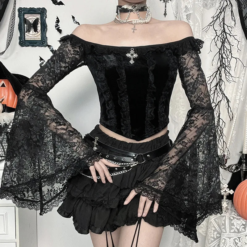 Gothic Romantic Goth Off Shoulder Bell Sleeve Lace Patchwork Top