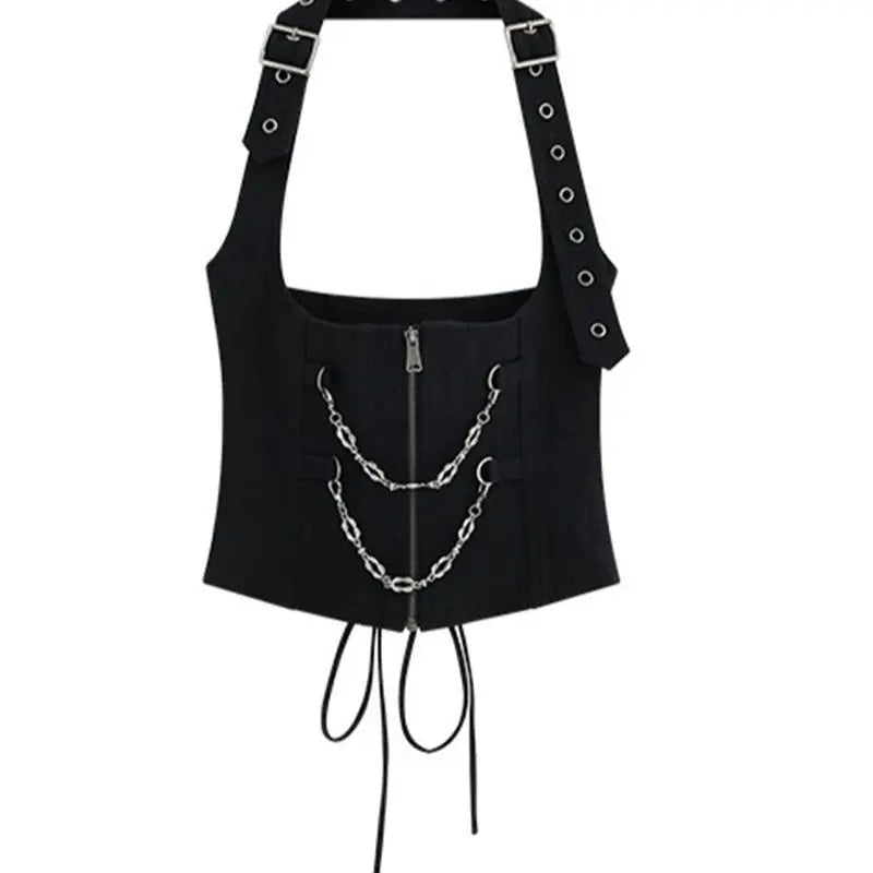Gothic Alt Goth Y2k See-through Mesh Shirt Top Halter Chain Waist Cincher Vest Top