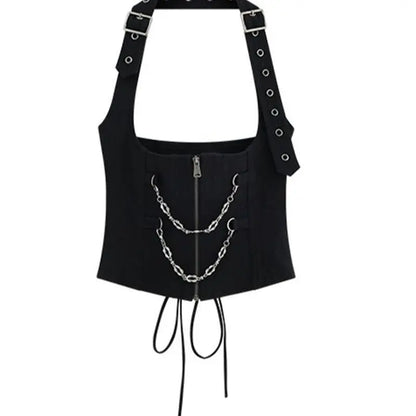Gothic Alt Goth Y2k See-through Mesh Shirt Top Halter Chain Waist Cincher Vest Top
