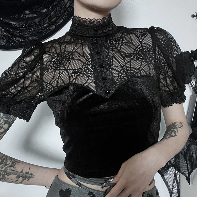 Gothic Spider Web Sheer Puff Sleeves Lace Top