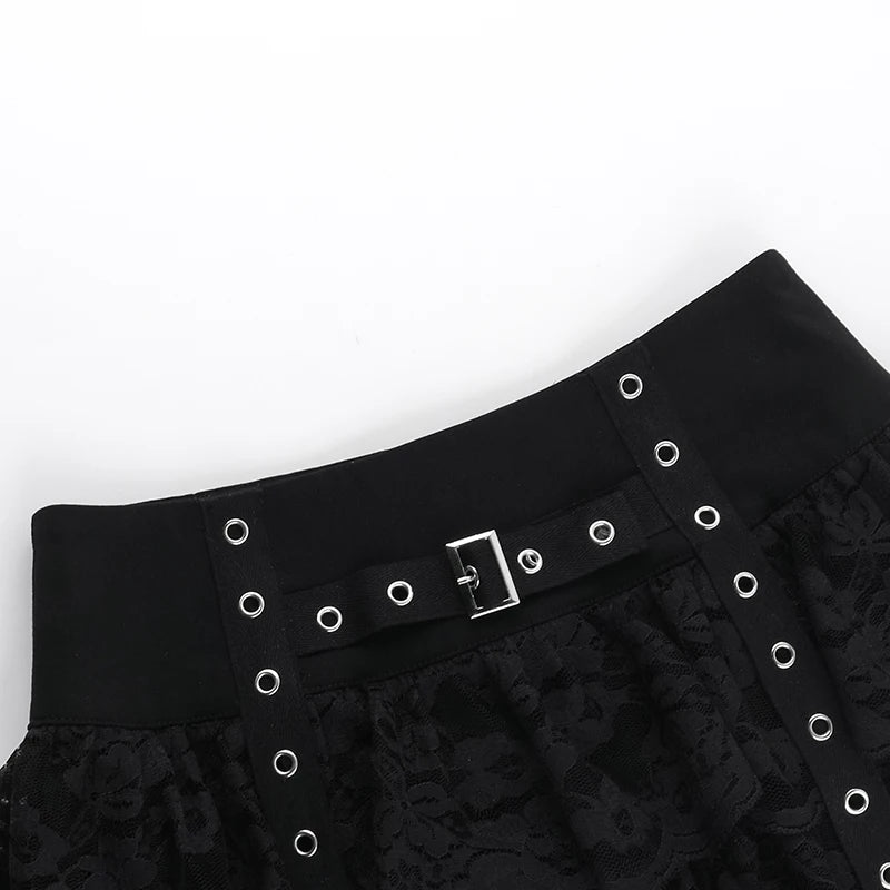 Gothic Alt Grommet Straps Ruffle Lace Mini Skirt