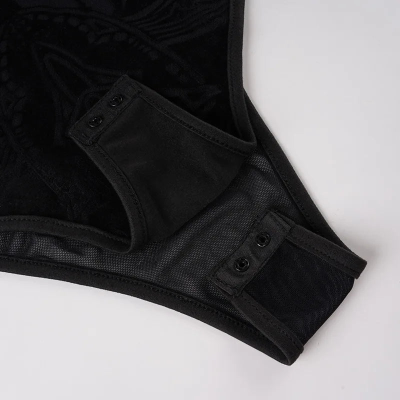 Gothic Y2K Alt Goth Cathedral Print See Through Mesh Flare Cuffs Bodysuit Top