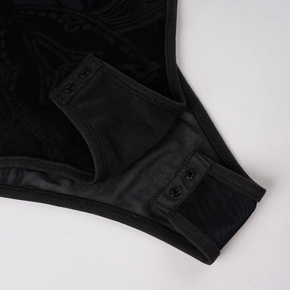 Gothic Y2K Alt Goth Cathedral Print See Through Mesh Flare Cuffs Bodysuit Top