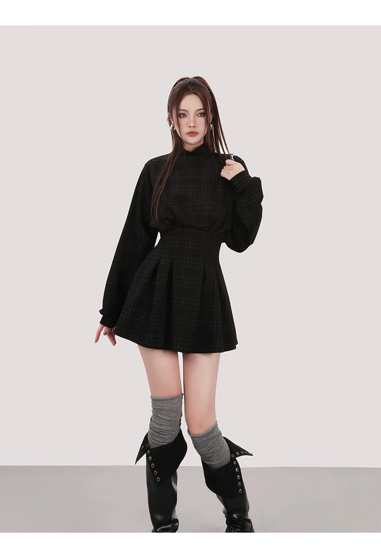 Alt Gothic Harajuku Plaid Lantern Sleeve Mini Dress