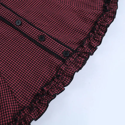 Gothic Alt Goth Red Plaid Flare Sleeve Collared Shirt Dress