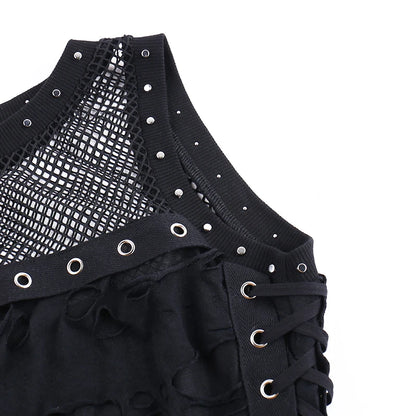 Gothic Y2K Distressed Fishnet Grommet Sleeveless Top