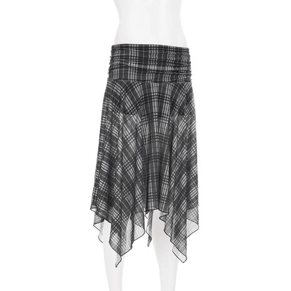 Gothic Alt Goth Grunge Y2K Plaid Mesh Patchwork Irregular Hem Midi Skirt