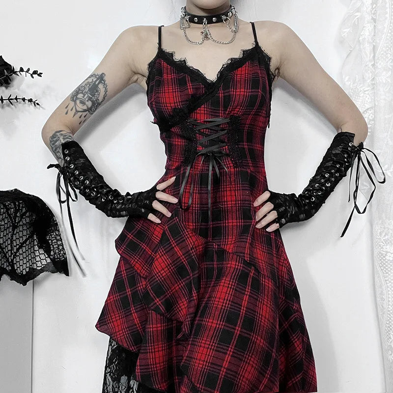 Gothic 90s Goth Red Plaid Lace Patchwork Irregular Hem Dress