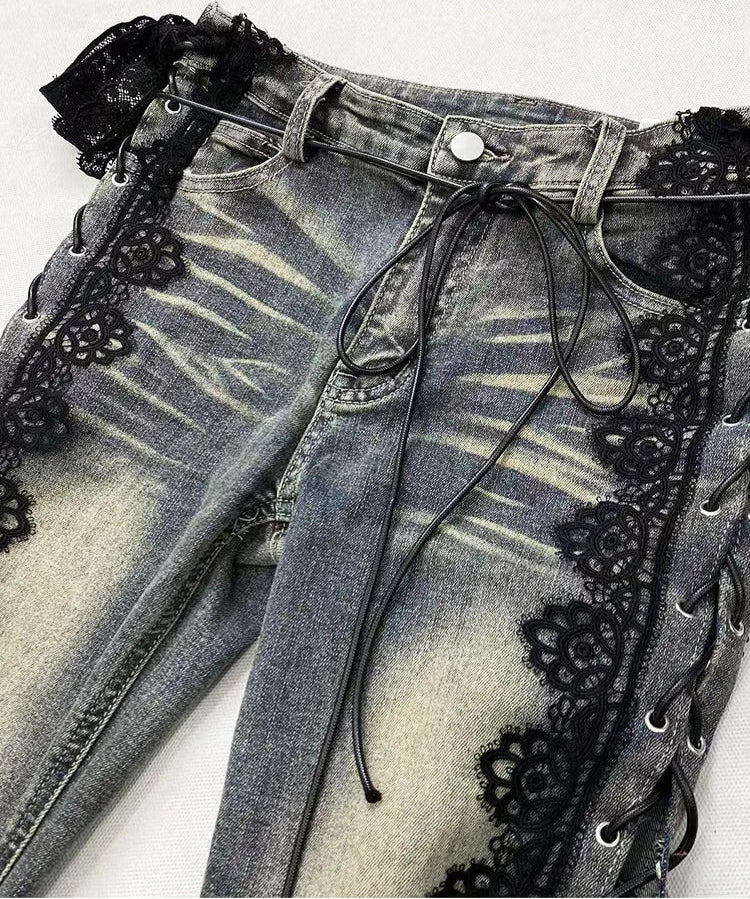 Gothic Y2K Alt Goth Eyelet Lace Up Bell Bottom Flare Jeans Pants