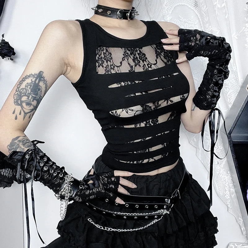 Gothic 90 s Goth Y2K See Through Lace Patchwork Camisole Top ROCK N DOLL gothic-90-s-goth-y2k-see-through-lace-patchwork-camisole-top-rock-n-doll