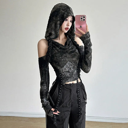 Gothic Y2K Cyber Goth Hooded Cold Shoulder Top