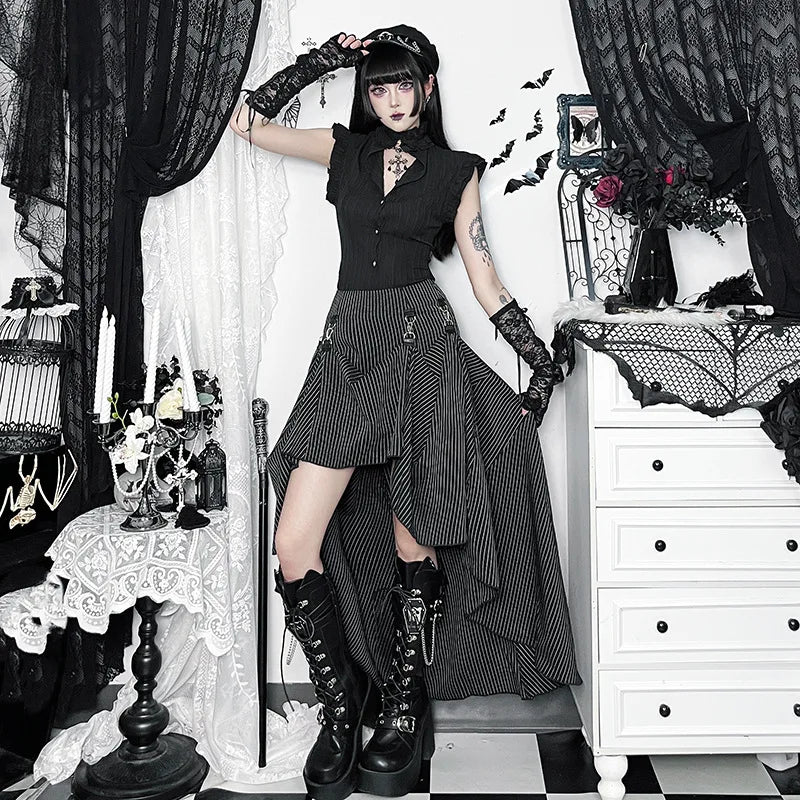 Gothic Alt Goth Pinstriped Ruched Skirt