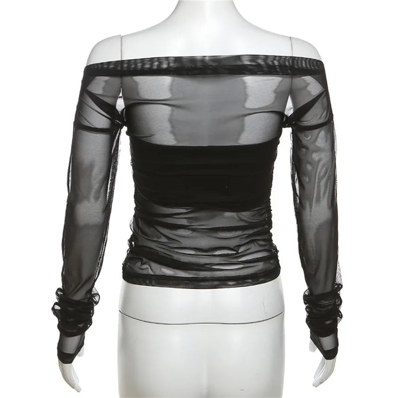 Gothic Alt Goth Off Shoulder Sheer Mesh Long Sleeve and Inner Tube Top Set
