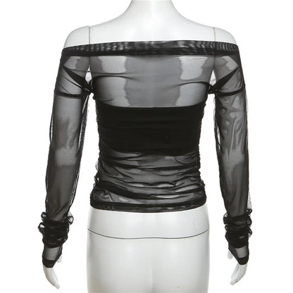 Gothic Alt Goth Off Shoulder Sheer Mesh Long Sleeve and Inner Tube Top Set
