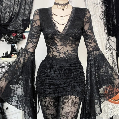 Gothic Vampire V-Neck Chain Beads Lace Bell Sleeves  Top